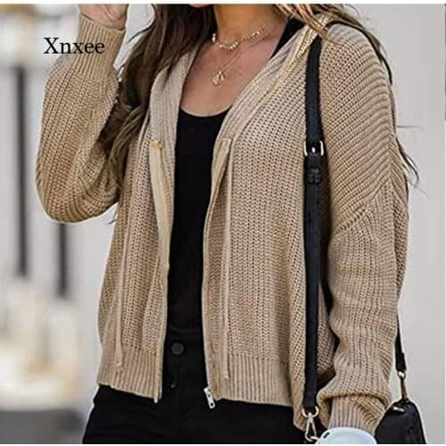 Autumn Womens Casual Knitted Hooded Cardigan Fashion Solid Color Long-Sleeved Zipper Womens Sweater Drawstring Loose Sweater