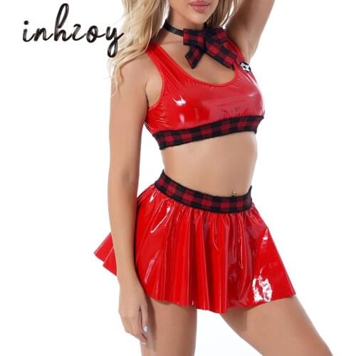 Sexy Leather Dress Set Red PU Latex Sleeveless Crop Top with Pleated Skirt Lingerie Suit Bow Tie Thong Erotic Cosplay Set