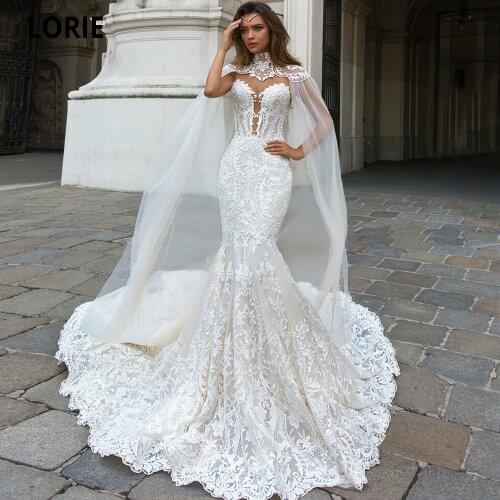 LORIE Elegant Full Lace Mermaid Wedding Dresses with Shawl Illusion Back Sleeveless Bridal Gown Royal Train Vintage Custom Made