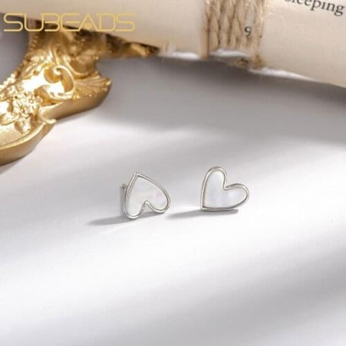 Subeads Real 925 Sterling Silver White Fritillary Love Heart Stud Earrings For Women Girl Tiny Small Heart Earrings Jewelry Gift