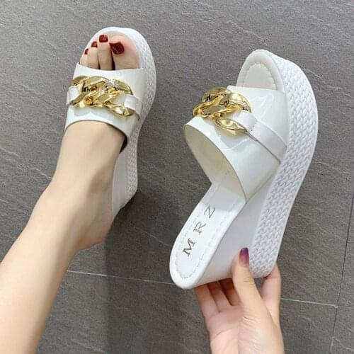 Chain High Heels Slippers Women Wedding Shoes Summer 2021 White Black Platform Wedges Slides Ladies Beach Slippers