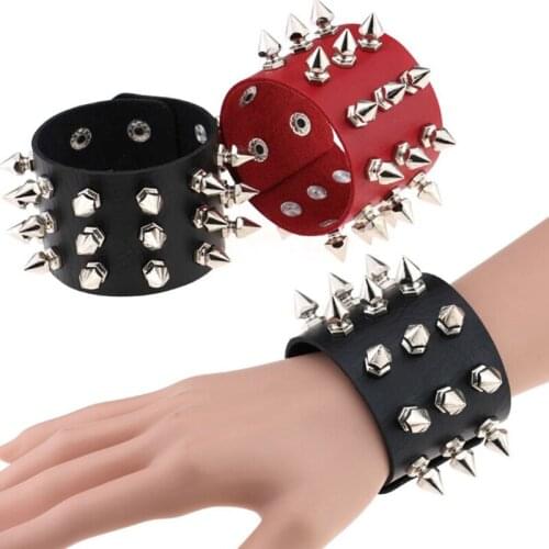 Unique 3 Rows Spikes Rivet Stud Wide Cuff Leather Punk Gothic Rock Unisex Bangle Harness Bracelets For Women Men Jewelry