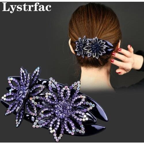 Lystrfac Exquisite Elegant Flower Hair Grab Women Hair Claw Rhinestone Duckbill Clip Adult Plate Hairpin Back Hair Accessories