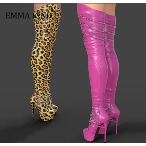 Women Sexy Platform Thigh High Boots Chain Decor 14cm High Heel Stilettos Faux Stretch Leather Women Over The Knee High Boots