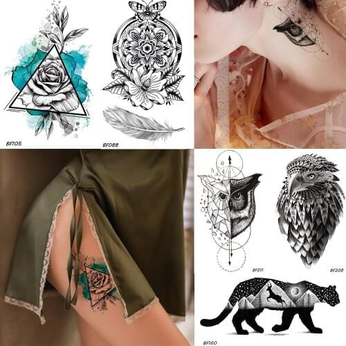 Women Sexy Flower Feather Temporary Tattoo Sticker Owl Eagle Tiger Black Fake Tatoos Tattoo Galaxy Watertransfer Body Art Arm 3D