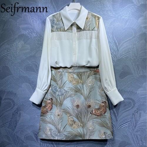 Seifrmann New 2021 Autumn Women Fashion Runway Skirts Set Lantern Sleeve Tassel Tops + High Waist Embroidery Midi Skirts Suits