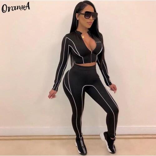 OrangeA women v-neck full sleeve crop top leggings striped 2 piece set fitness elastic hight tracksuit sportswear casual outfit