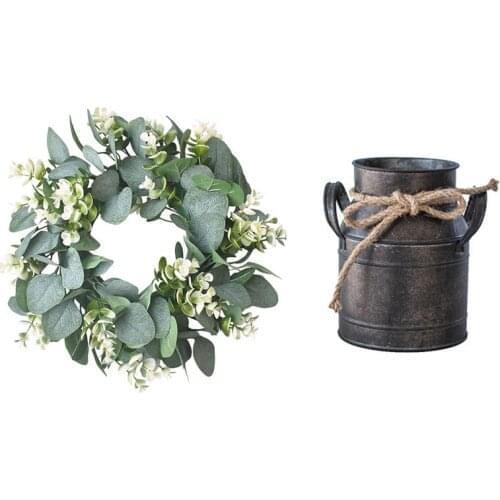 1PC Shabby Chic Metal Iron Rustic Vase Milk Can Country Jug & 1PC 12Inch Wreath For Front Door Wall