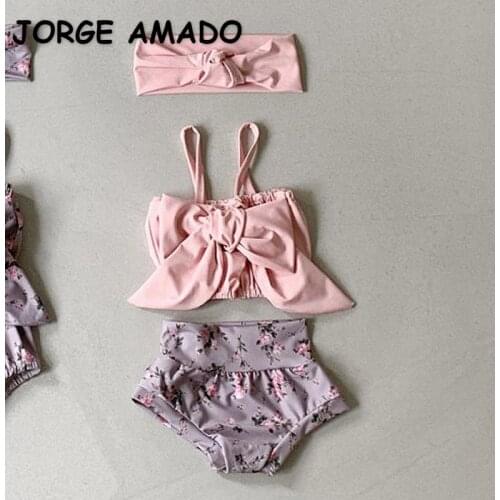 2021 New Summer Kids Girls Swimwear 1-pcs + 2-pcs Floral Swimsuit + Headwear Children Cute Style Hot Spring Clothes E8651