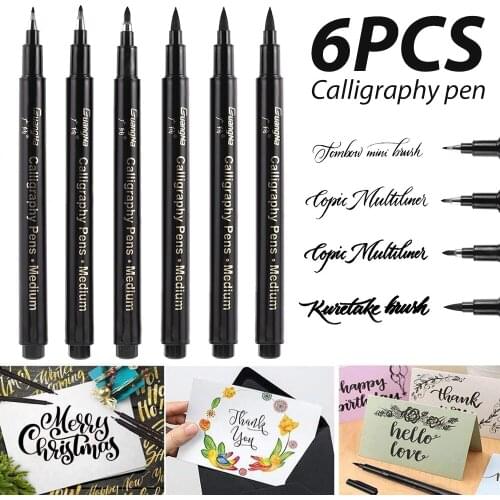 6PC Hand lettering Calligraphy Pen Set Calligraphy Pens Black Brush Marker Pen Refill Writing Signature Art Drawing