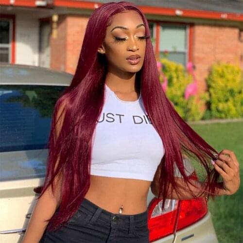99J Burgundy Colored Lace Part Human Hair Wigs For Women 180% HD Lace Front Wig 13X1 Remy Malaysian Straight Lace Frontal Wigs