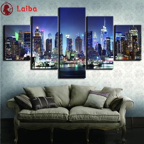 Diamond Embroidery Natural scenery city night view Diamond Painting Full Square round drill Mosaic Cross Stitch Wall Art5pcs