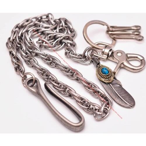 15"~30" Bling Silver Biker Punk Basic Strong Twisted Feather Pendant Anti-lost Trucker Key Lanyard Jean Wallet Chain