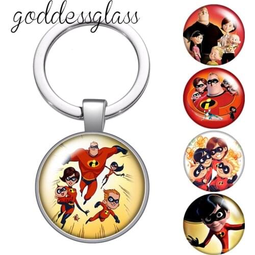 Disney The Incredibles Super Family glass cabochon keychain Bag Car key chain Ring Holder Charms keychains gift