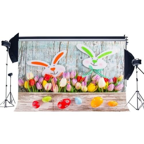 Happy Easter Bunny Backdrop Painted Eggs Fresh Flowers Rustic Peeled Wood Plank Vintage Wooden Floor Photography Background