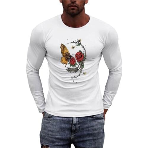 Summer 2021 Tshirt Male Classic Butterfly Flowers Print Pullover Comfy O Collared Graphic Tee Streetwear Long Sleeve Футболки