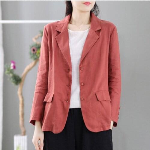 Retro Spring Summer Long Sleeve Short Cardigan Linen Blazer Female 2021 Loose Top Solid Color Single Breasted Casual Shirt y1538