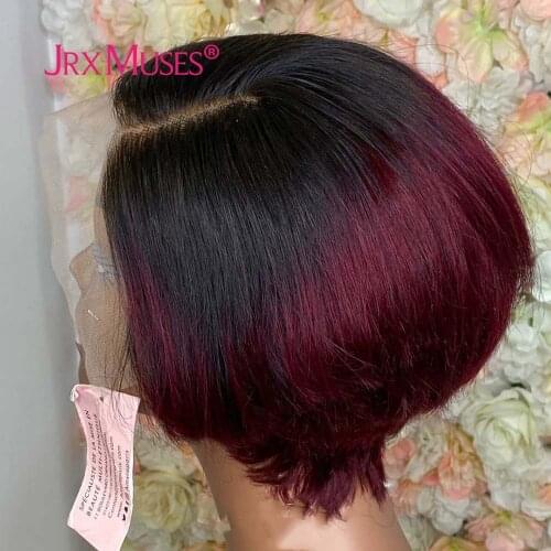 Short Pixie Cut Wig Human Hair 1B/99 Bob Straight Side Part Lace Wigs for Women Ombre Blonde Human Hair Wigs Brazilian Remy Hair