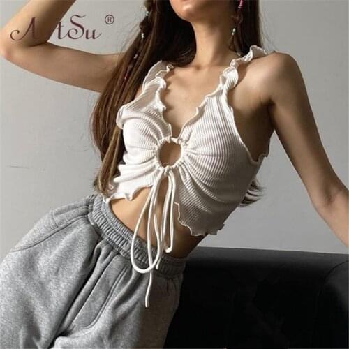 ArtSu Tanks Lace Up Shirring White Sleeveless Sexy Crop Top Hollow Out Ruffles Women V-Neck Summer Tops Casual Tees Fashion