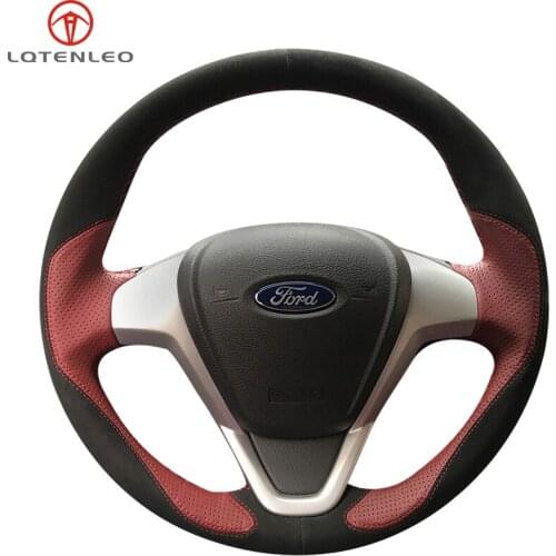 LQTENLEO Black Suede Wine Red Leather Car Steering Wheel Cover For Ford Fiesta 2008-2016 Figo 2012-2014 Ecosport 2013-2017 B-Max