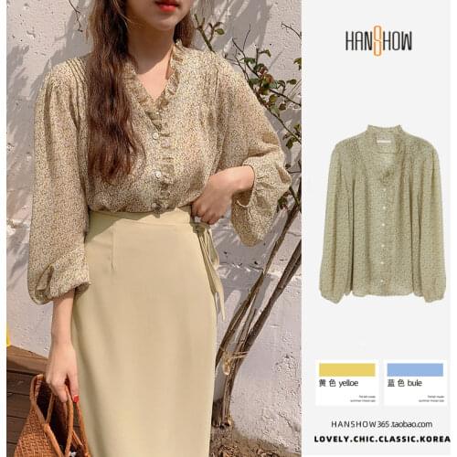 Small Floral V-neck Ruffled Chiffon Shirt 2021 Summer New Korean Style Ins Long Sleeve Sun Protection Fresh and Refreshing Top