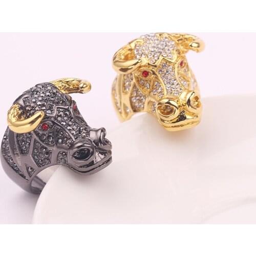 Metal Animal Bull Head Full Diamond Ring Mens Trend Domineering Exaggerated Rock Rapper Jewelry Size 8-13
