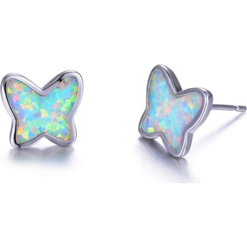 Cute Female Small Butterfly Stud Earrings Vintage Silver Color Wedding Earrings For Women Boho White Fire Opal Earrings