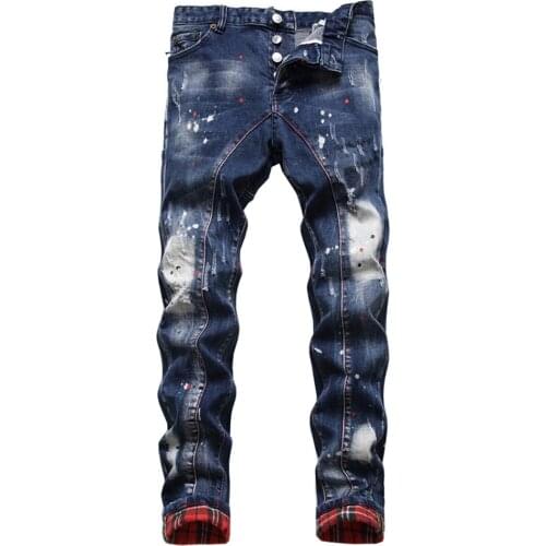 Mens Plaid Patchwork Painted Ripped Jeans Trendy Holes Patch Design Slim Straight Stretch Denim Pants Trousers