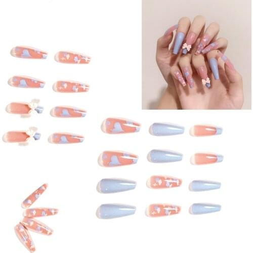 24Pcs/Set Sweet Blue Pink Heart False Nails with Heart Design Long Coffin French Artificial Press On Nails Manicure Tips
