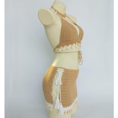2021 NEW 3pcs Bikini Set Woman Crochet Shell Tassel Bikini Top And Seashell Ankle Chain Sexy Beach Skirt Lace Slim Mini Skirt