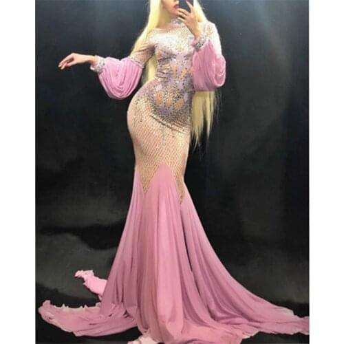Sexy Pink Women Long Dress Sparkling Rhinestone Nightclub Party Celebrate Performance Dancer Singer Stage Wear Bling Costume