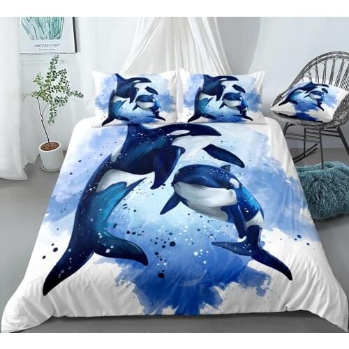 Killer Whales Duvet Cover Set Blue Ocean Bedding Kids Boys Girls Watercolor Animal Quilt Cover White Queen Cartoon Dropship