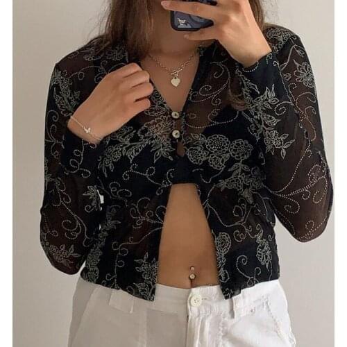 Puloru See Through Black Floral Mesh T-Shirt Y2K Vintage Open Front Crop Tops Womens Long Sleeve Split Slim Tees Streetwear