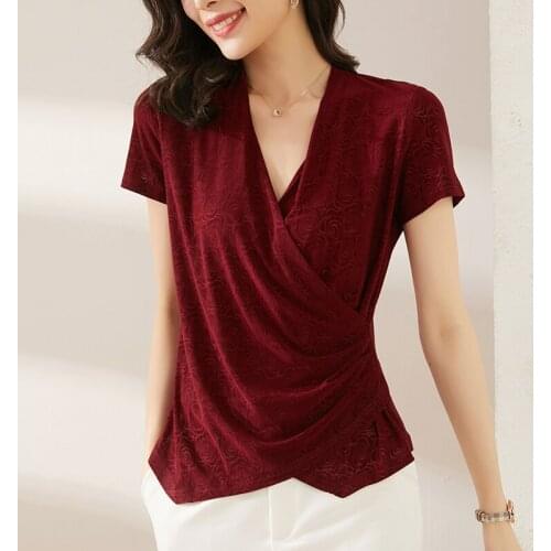 Korean Womens Shirt Knitted Chiffon Blouses for Women Short Sleeve Shirt Female Top Red V-neck Blouse Top Female Woman Shirt OL