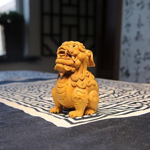 Boxwood 8.5CM Suan Ni Sculpture Chinese Mythical Beast Wood Auspicious Animal Pixiu Statue Home Decor