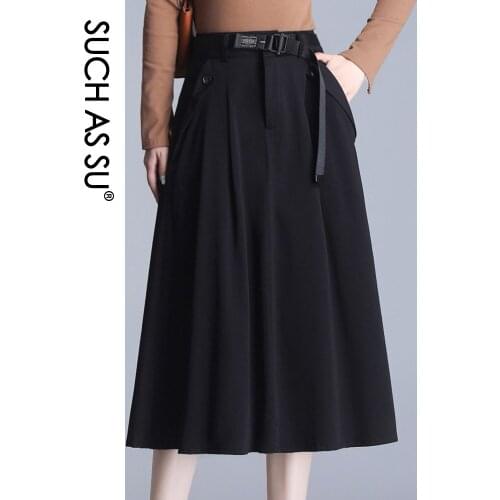 SUCH AS SU New 2021 Black Pleated Skirts Mid-Long Casual S-3XL Size Skirt Female Pockets Elastic High Waist Nylon Cotton Skirt