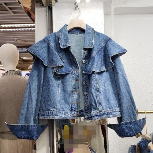 Blue Ruffle Denim Jacket Women Spring Autumn Retro Lapel Single-Breasted Raglan Sleeve Short Coat Office Lady Solid Streetwear