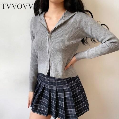 2020 New Fashion Spring Knitting Korean Zipper Hooded Casual Short Zip-up Sexy Womens Sweatshirt Slim Long Sleeve Tops Q012