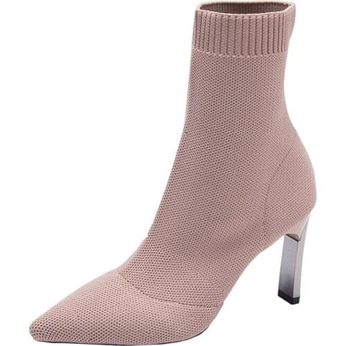 Womens Boots Metal Blade Heels Socks Boots Women Stretch Fabric Elastic Stilettos Heel Pointed Toe Ankle Boots Shoe Woman Boats