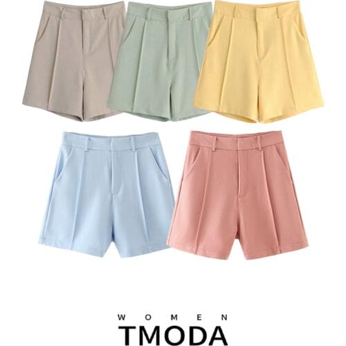 TMODA455 Women 2021 Chic Fashion Office Wear Side Pockets Straight Shorts Vintage High Waist Zipper Fly Female Short Pant Mujer