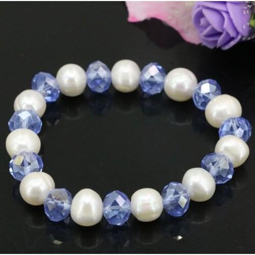 Strand Bracelet & Bangle For Women 10-11mm Natural White Pearl Beads Bracelets Crystal Elastic Bangles Diy Jewelry 7.5inch B3130