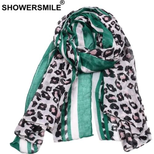 SHOWERSMILE Green Leopard Print Scarf Women Fashion Ladies Scarf Voile Female Long Scarves 180cm*90cm