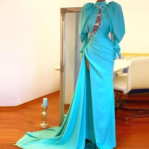 Sexy Mermaid Crystal Prom Dresses Puffy Sleeves High Split Women Pageant Dressing Gowns Custom Made Long Evening Dress