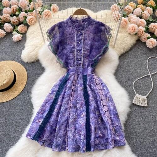 High Quality Women Runway Dress 2021 Summer Elegant Stand Collar Ruffled Sleeve Slim High Waist Lace Spliced Luxury Dress Robe