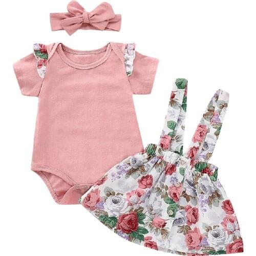 2020 Summer 3Pcs Baby Girls Floral Strap Solid Color Top + Floral Slip Dress + Headband Sets Infant Romper Suits Cotton Strap