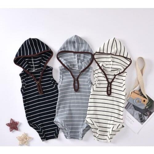 2020 Summer Autumn New Casual Baby Hooded Rompers 3 Colors Striped Knited Button Sleeveless Jumpsuit Outwear Boys Girls Clothing