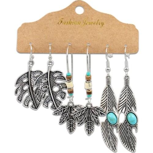 3Pairs/Set Boho Ethnic Long Tassel Dangle Drop Earrings for Women Female Leaf Butterfly Carved Flower Earring Gypsy Jewelry
