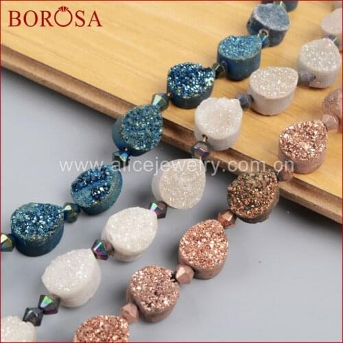 BOROSA Handmade 16inch Teardrop Rainbow Natural Crystal Titanium Geode Druzy Loose Bead Stone Druzy Drusy Fashion Jewelry LS009
