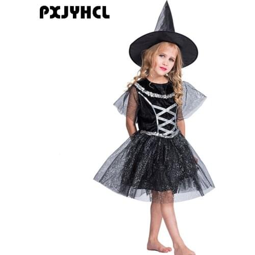 Halloween Carnival Children Kids Witch Cospaly Costumes Party Vampire Black Dress With Hat For Girl Fantasia Anime Role Play