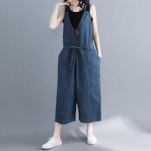 Loose Women Wide Leg Denim Jumpsuits Overalls Korean Fashion Casual Summer Sleeveless V-Neck Drawstring Ladies Jeans Jumpsuits